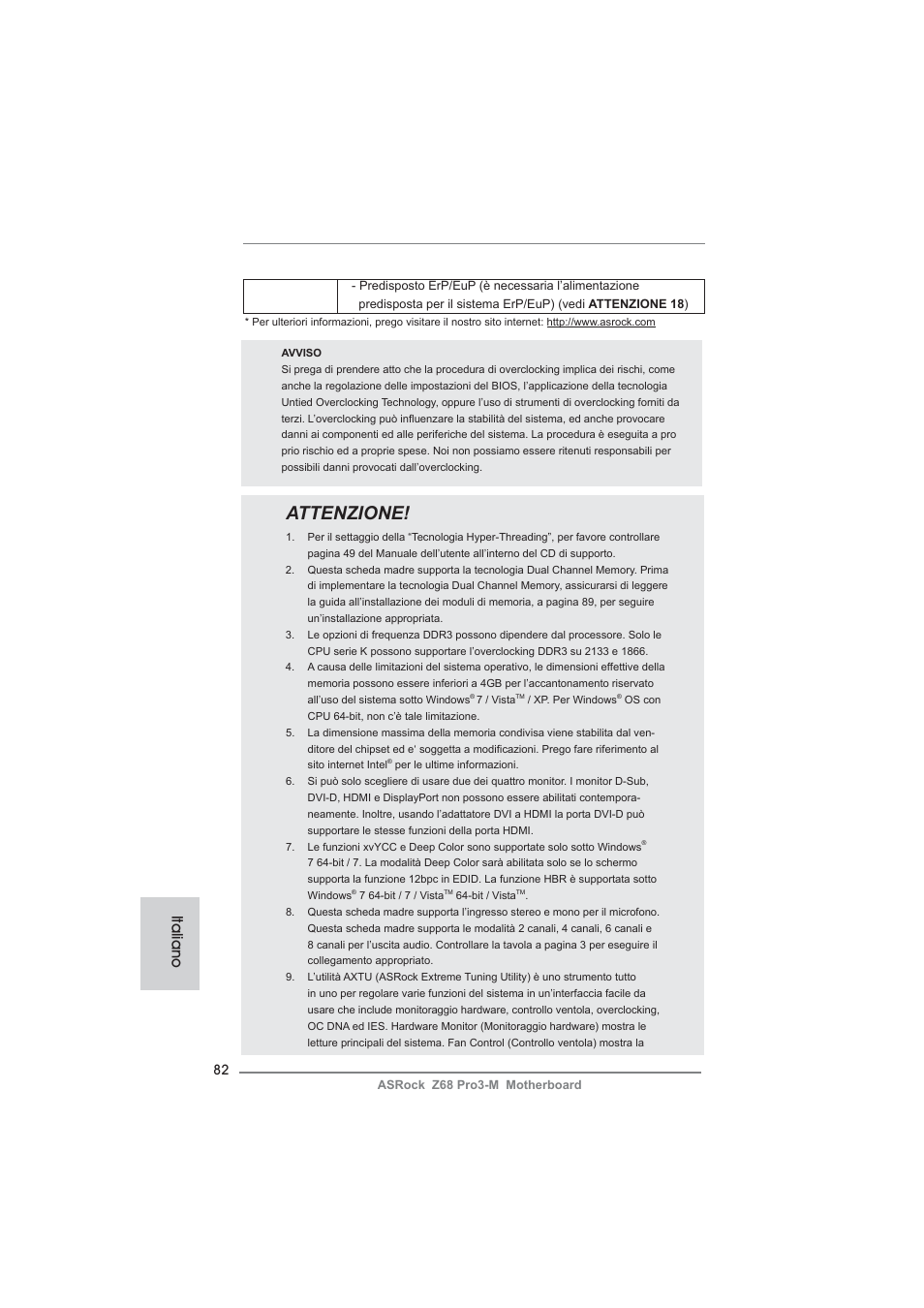 Attenzione, Italiano | ASRock Z68 Pro3-M User Manual | Page 82 / 256