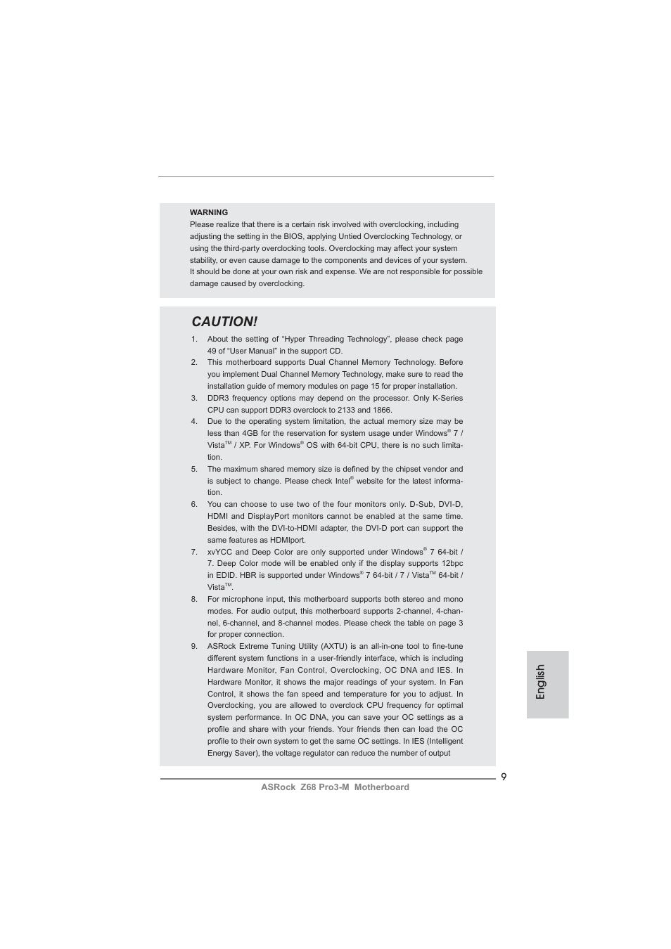 Caution, English | ASRock Z68 Pro3-M User Manual | Page 9 / 256