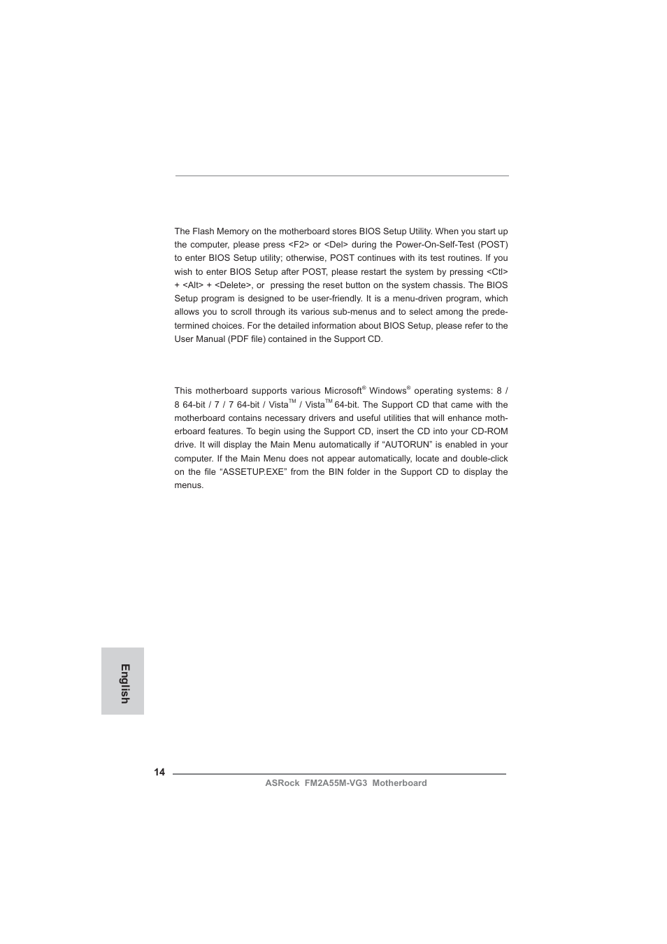 Bios information, Software support cd information, English | ASRock FM2A55M-VG3 User Manual | Page 14 / 46