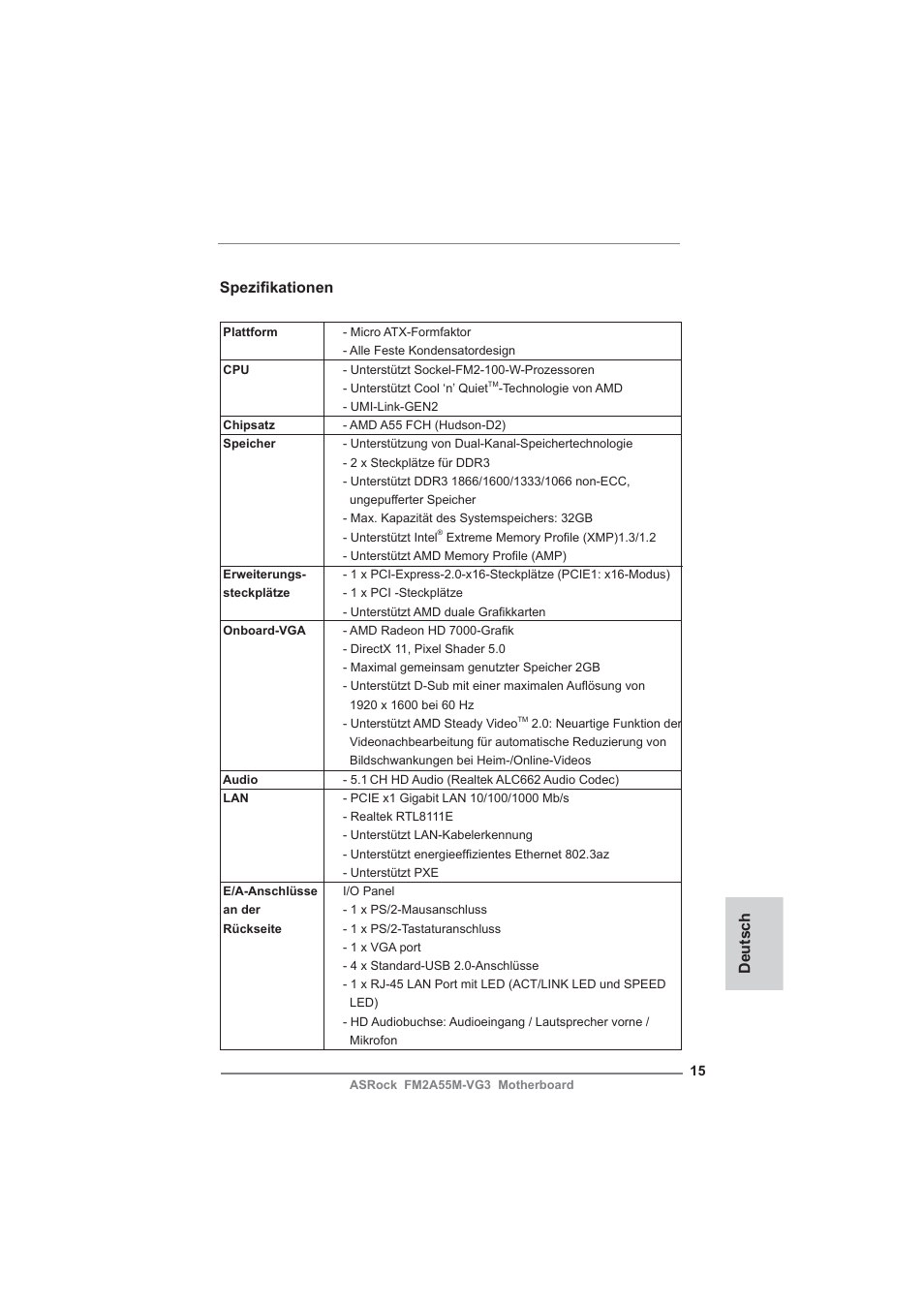 German, Deutsch spezifi kationen | ASRock FM2A55M-VG3 User Manual | Page 15 / 46