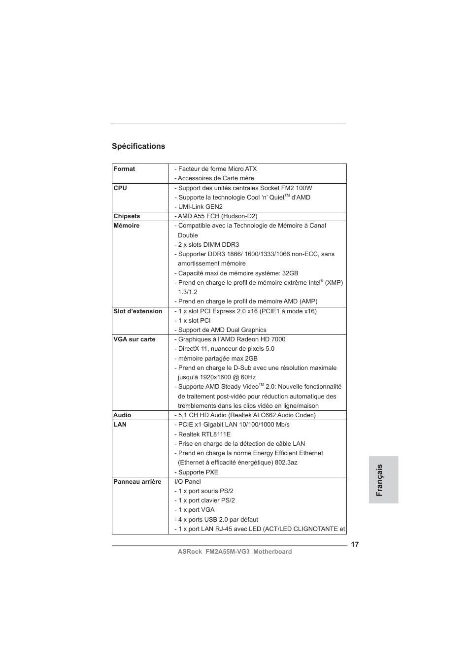 French, Spécifi cations, Français | ASRock FM2A55M-VG3 User Manual | Page 17 / 46