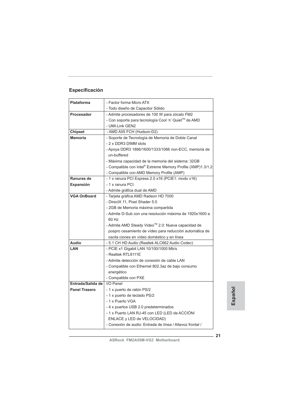 Spanish, Especifi cación, Español | ASRock FM2A55M-VG3 User Manual | Page 21 / 46