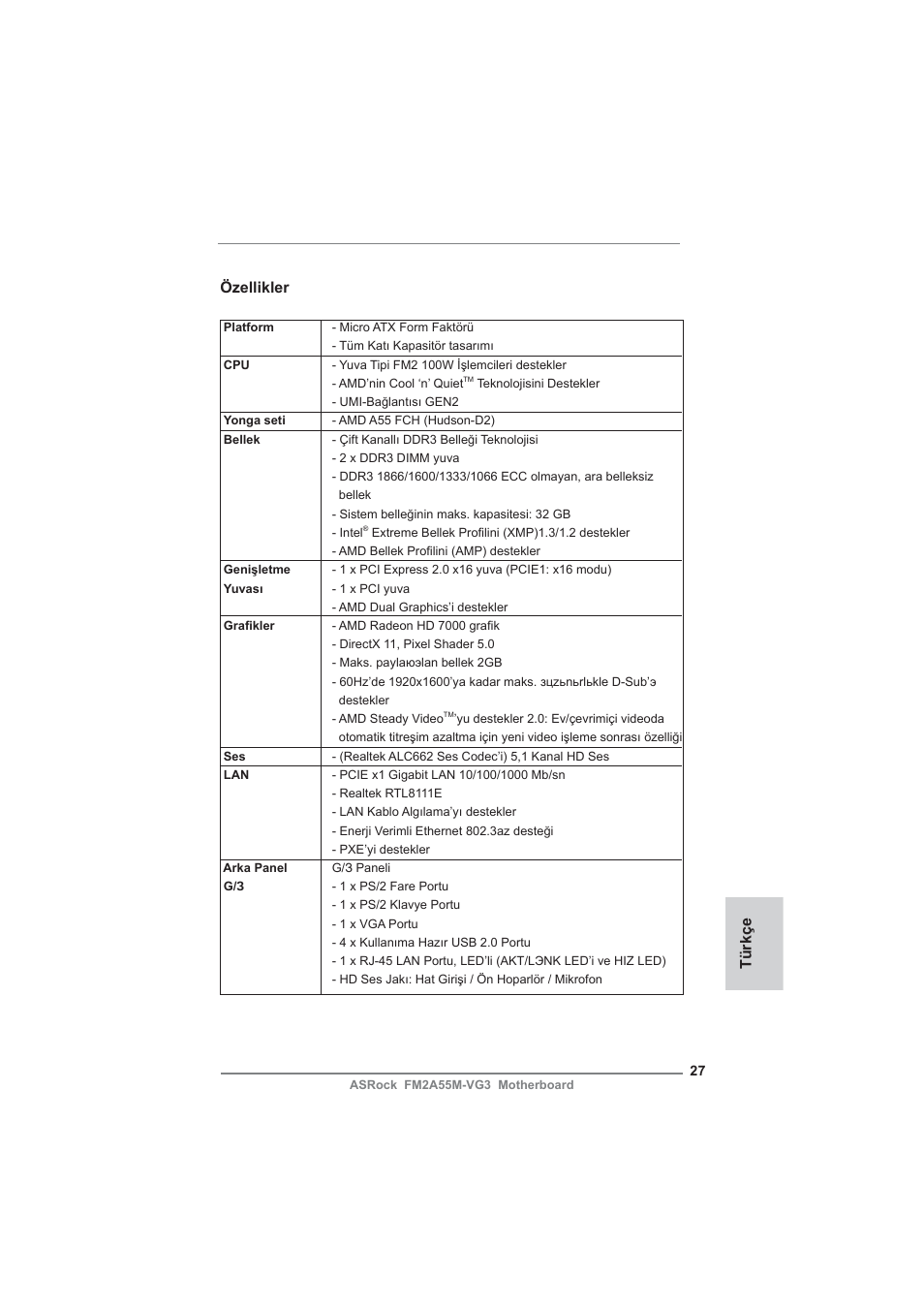 Turkish, Özellikler, Türkçe | ASRock FM2A55M-VG3 User Manual | Page 27 / 46