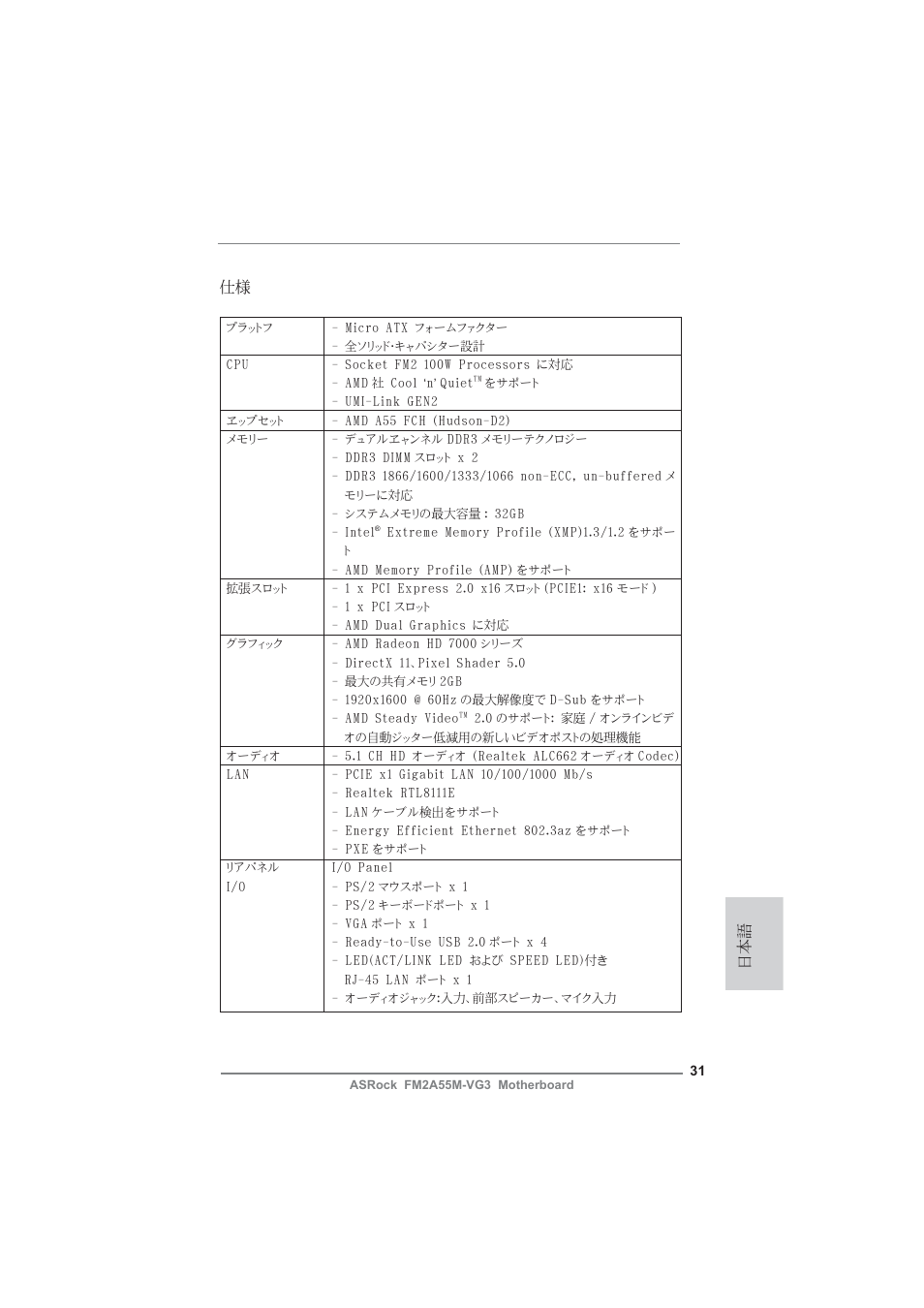 Japanese, 日本語 仕様 | ASRock FM2A55M-VG3 User Manual | Page 31 / 46