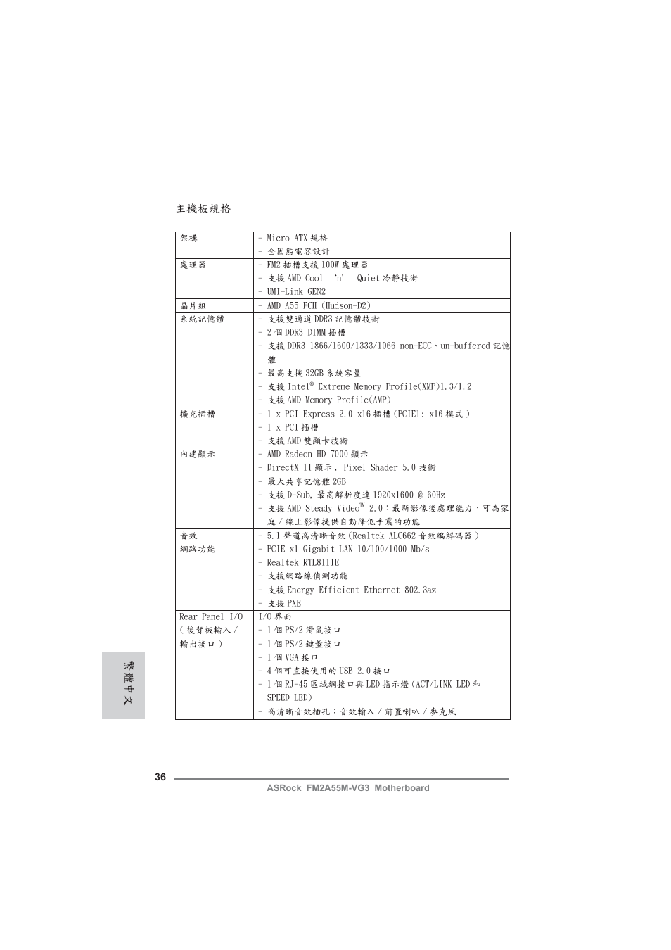 Traditional chinese, 主機板規格, 繁體中文 | ASRock FM2A55M-VG3 User Manual | Page 36 / 46