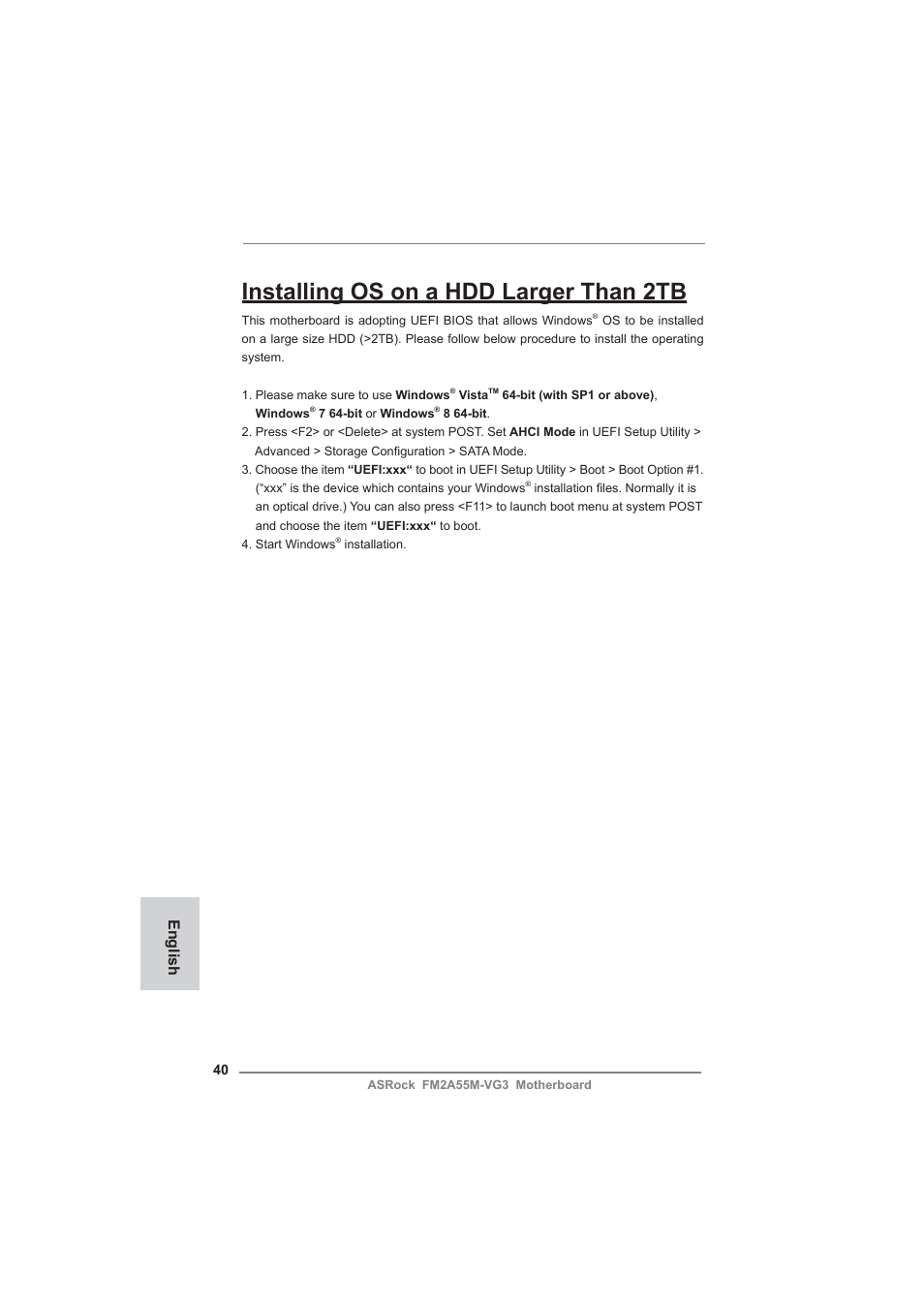 Installing os on a hdd larger than 2tb, English | ASRock FM2A55M-VG3 User Manual | Page 40 / 46