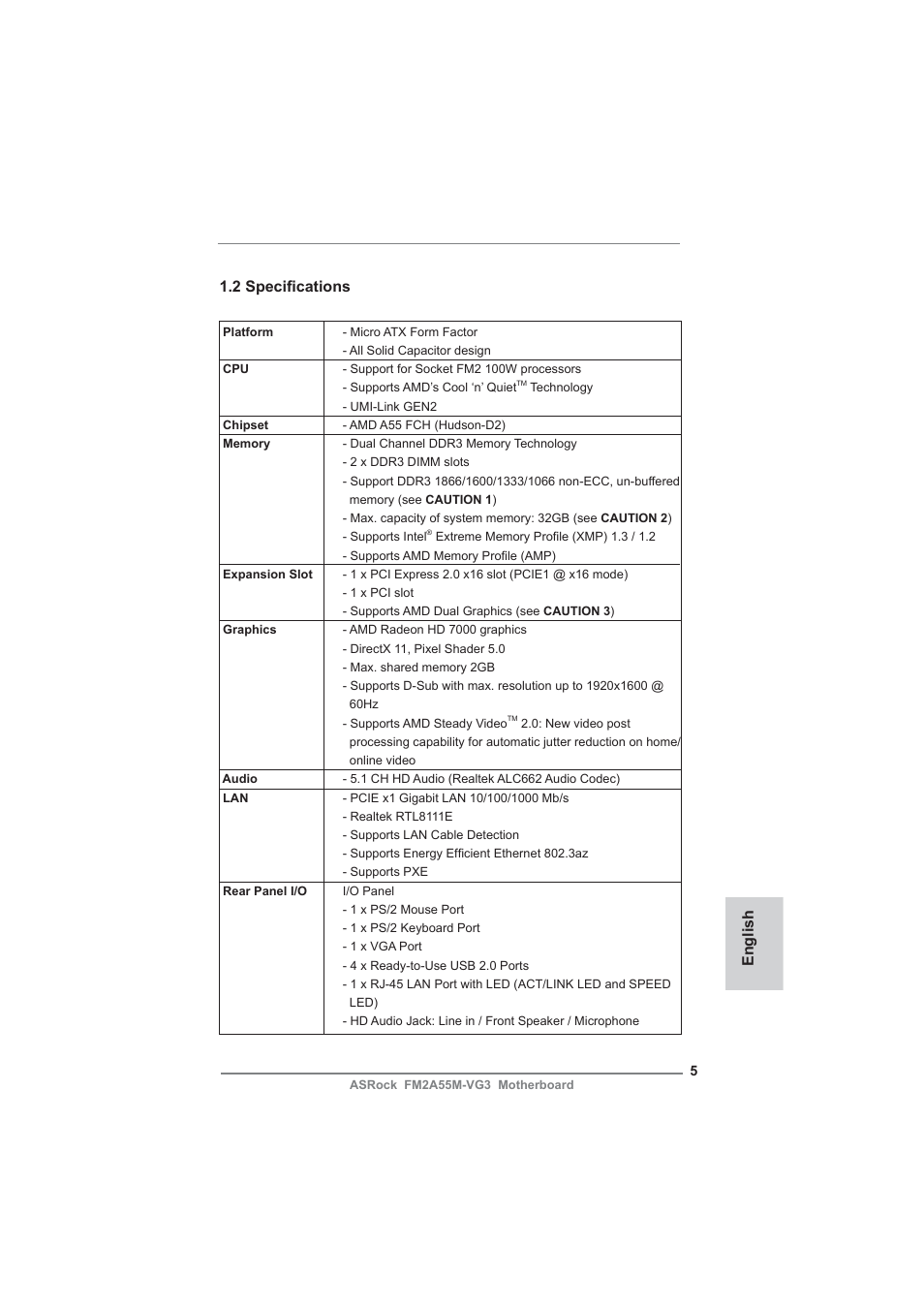 English 1.2 specifi cations | ASRock FM2A55M-VG3 User Manual | Page 5 / 46