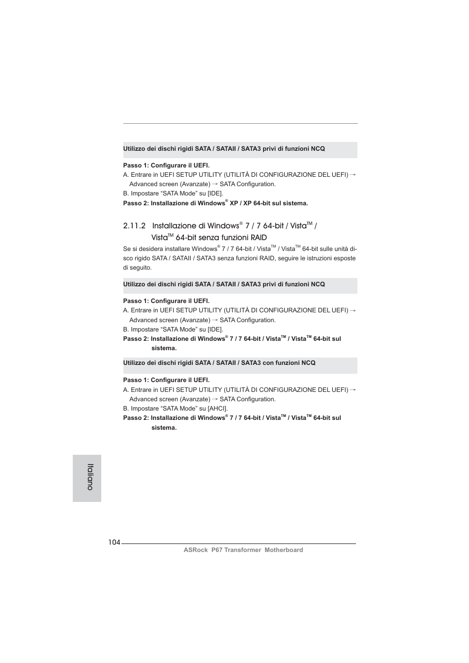 2 installazione di windows, 7 / 7 64-bit / vista, Vista | Bit senza funzioni raid, Italiano | ASRock P67 Transformer User Manual | Page 104 / 266