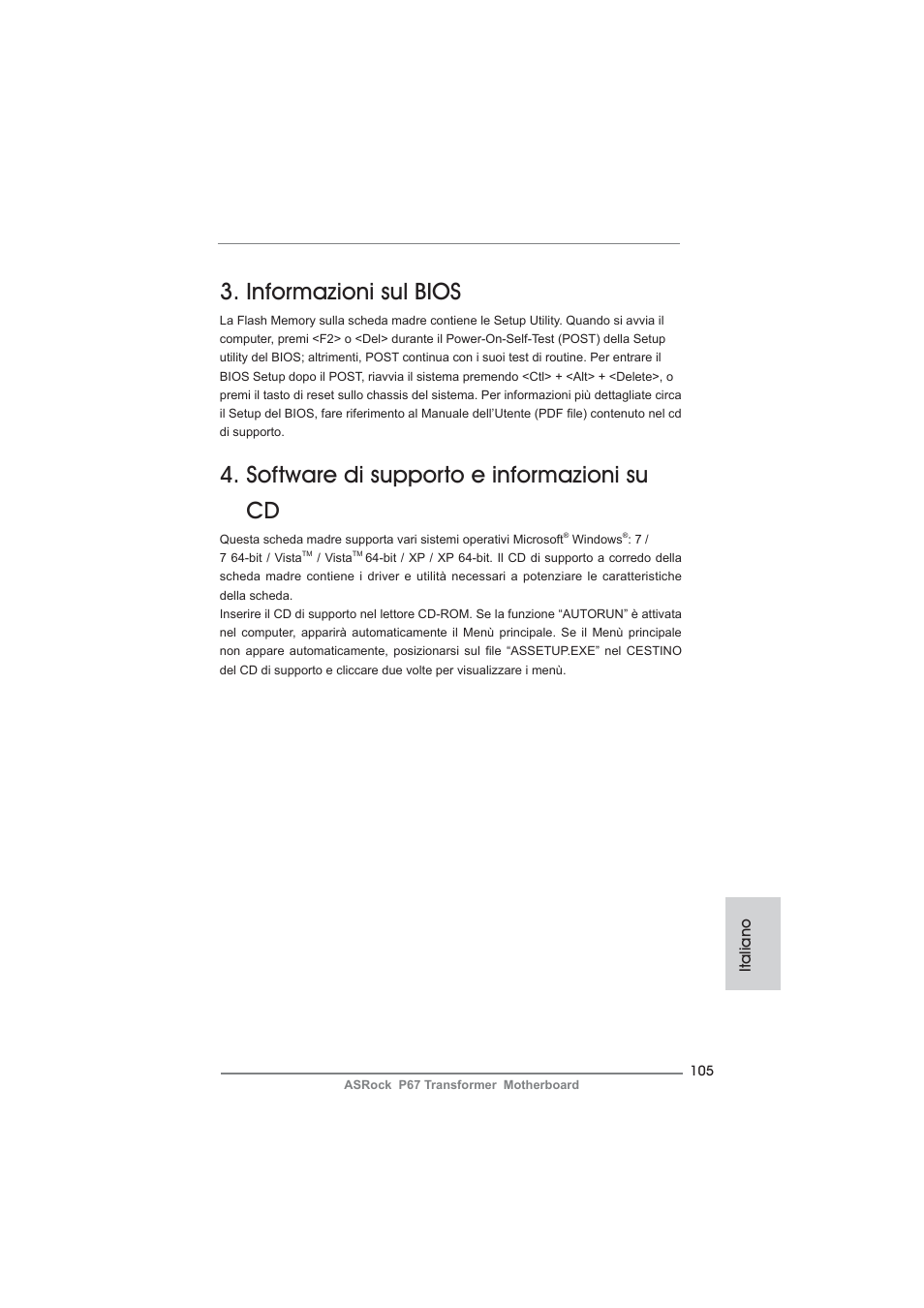 Informazioni sul bios, Software di supporto e informazioni su cd | ASRock P67 Transformer User Manual | Page 105 / 266