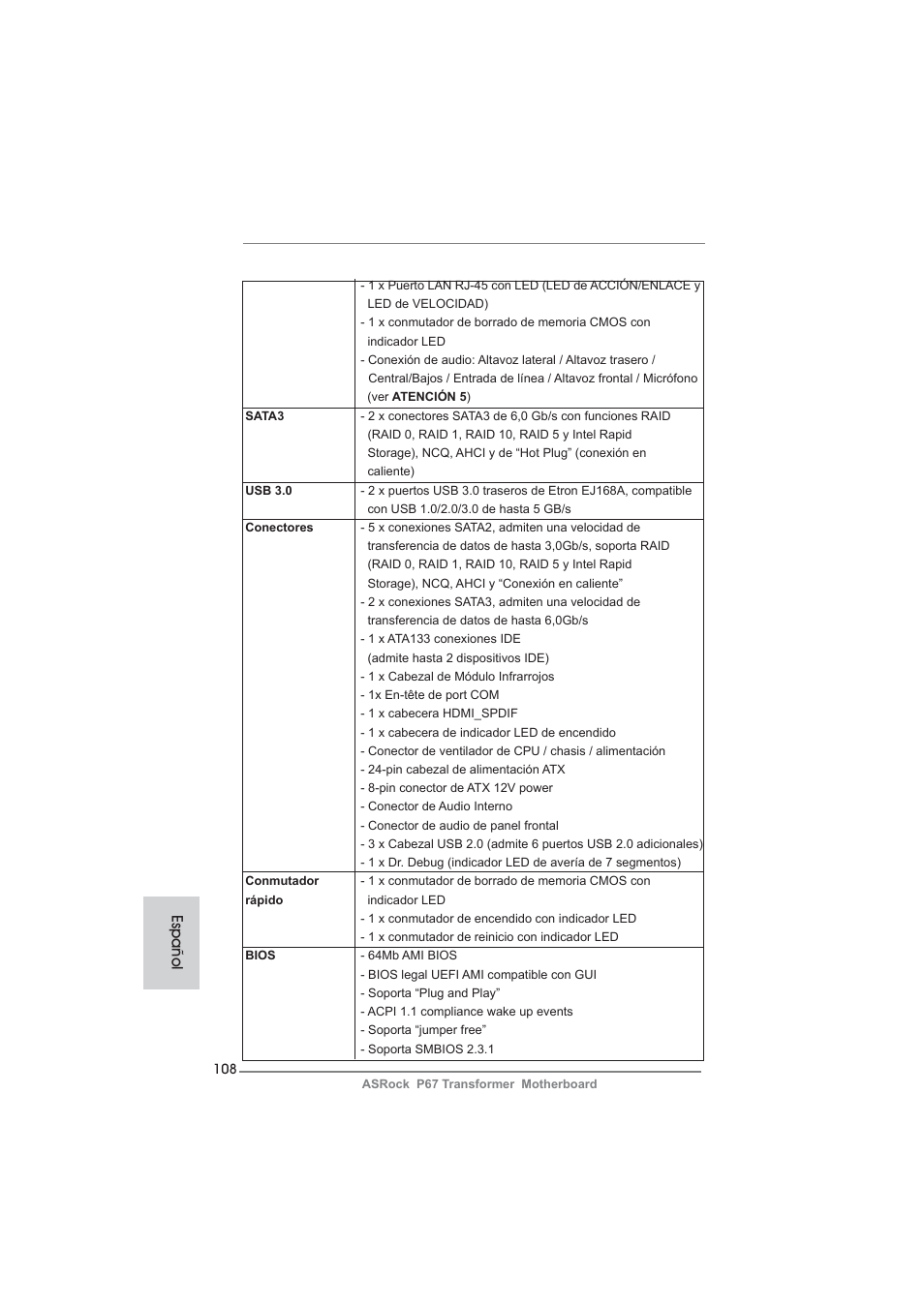 Español | ASRock P67 Transformer User Manual | Page 108 / 266