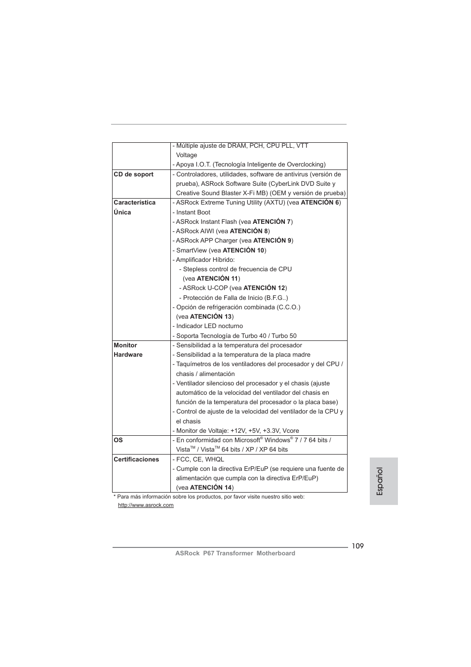 Español | ASRock P67 Transformer User Manual | Page 109 / 266