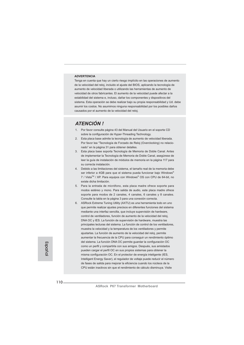 Atención, Español | ASRock P67 Transformer User Manual | Page 110 / 266