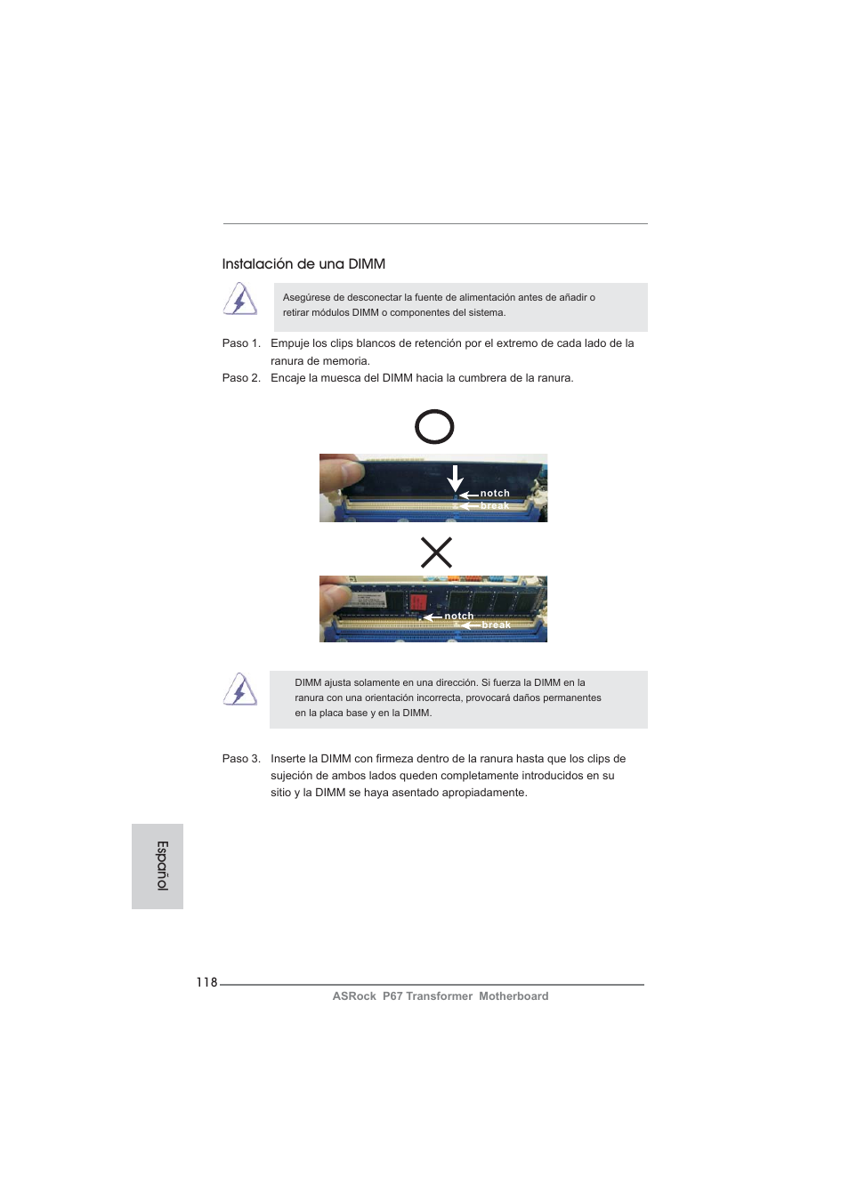 Español instalación de una dimm | ASRock P67 Transformer User Manual | Page 118 / 266