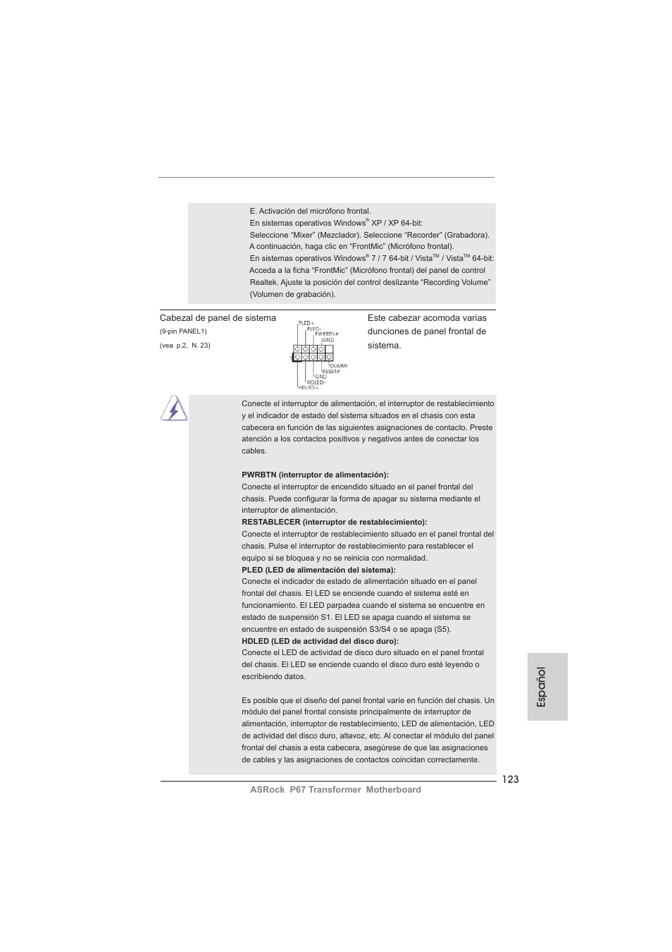 Español | ASRock P67 Transformer User Manual | Page 123 / 266