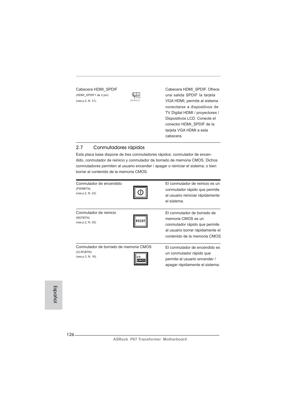 7 conmutadores rápidos, Español | ASRock P67 Transformer User Manual | Page 126 / 266