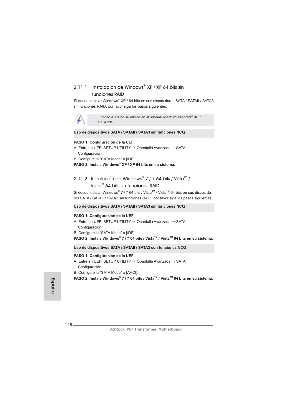 Español, 2 instalación de windows, 7 / 7 64 bits / vista | Vista, 64 bits sin funciones raid, 1 instalación de windows, Xp / xp 64 bits sin funciones raid | ASRock P67 Transformer User Manual | Page 128 / 266