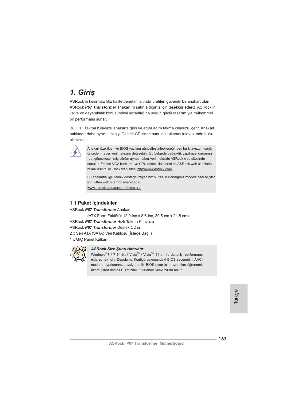Turkish, Giriş | ASRock P67 Transformer User Manual | Page 153 / 266