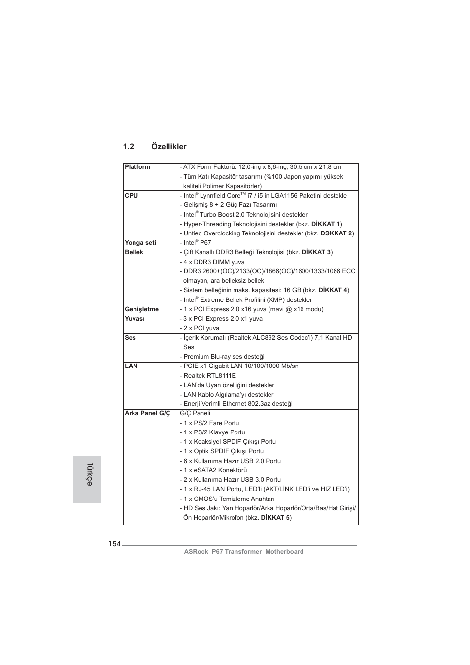 2 özellikler, Türkçe | ASRock P67 Transformer User Manual | Page 154 / 266