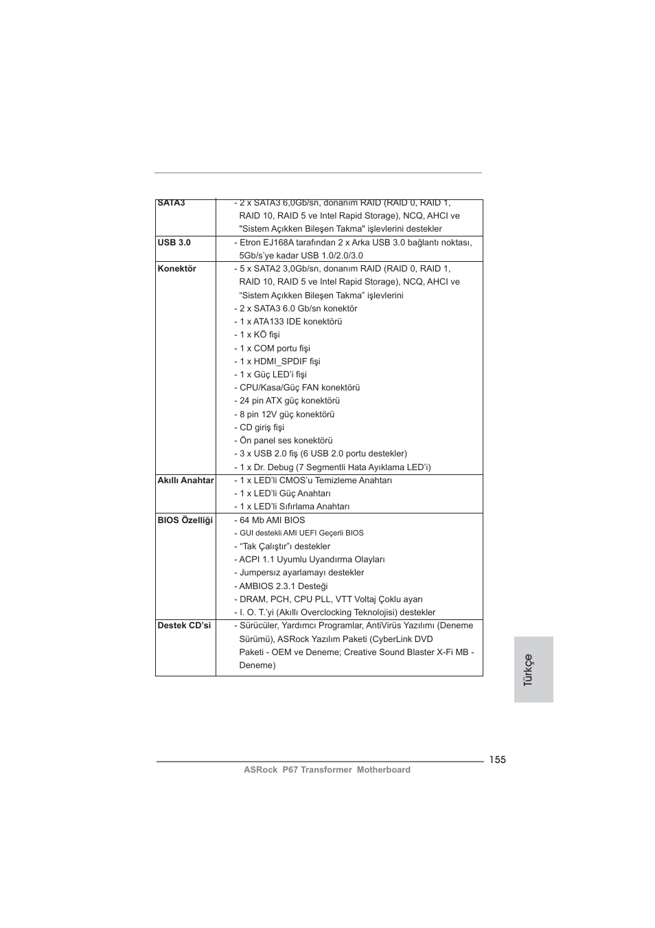 Türkçe | ASRock P67 Transformer User Manual | Page 155 / 266