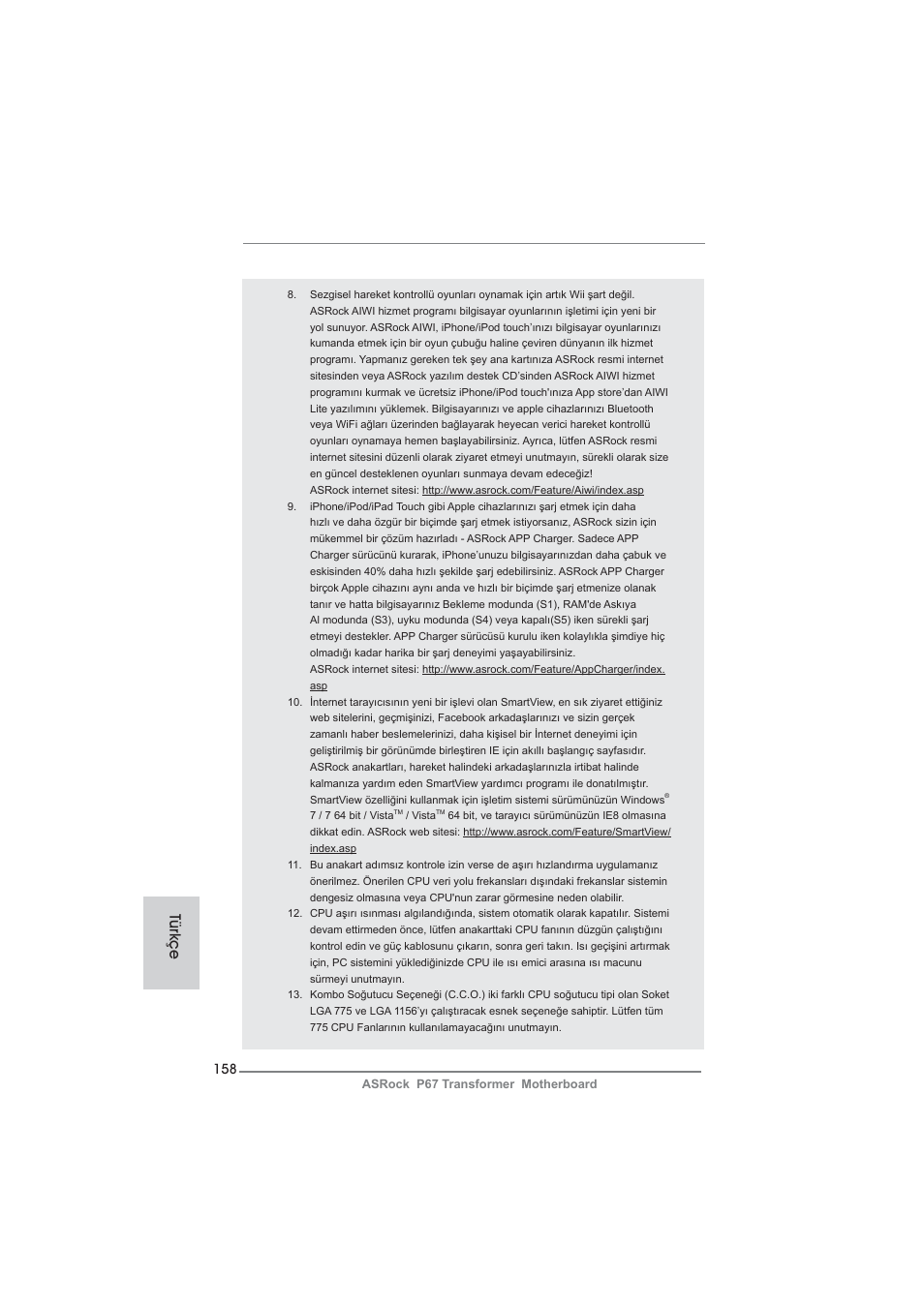 Türkçe | ASRock P67 Transformer User Manual | Page 158 / 266
