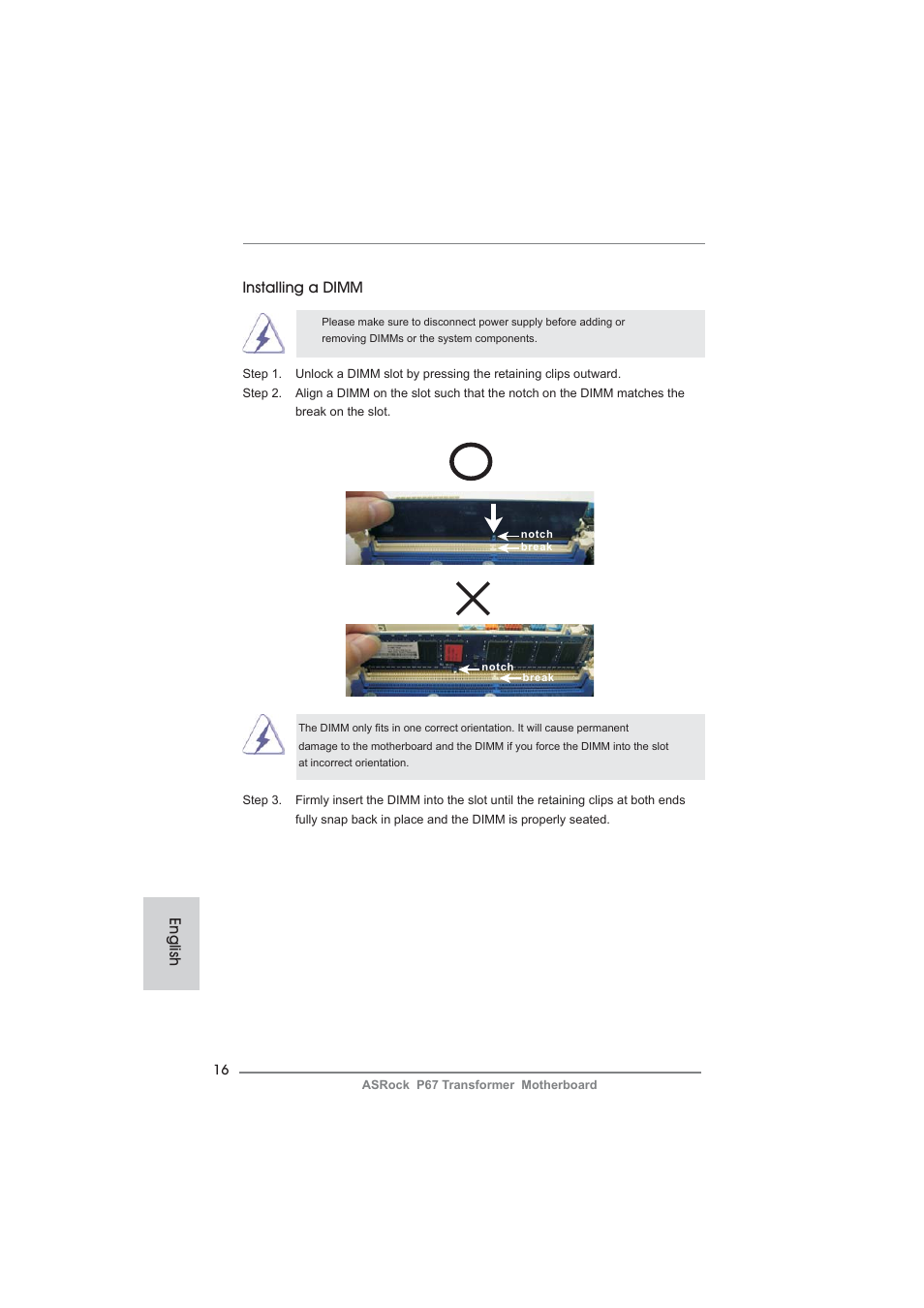 Installing a dimm, English | ASRock P67 Transformer User Manual | Page 16 / 266