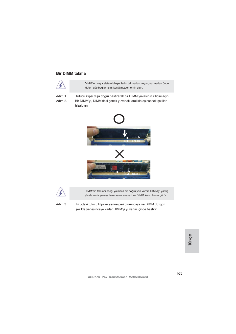 Türkçe bir dimm takma | ASRock P67 Transformer User Manual | Page 165 / 266