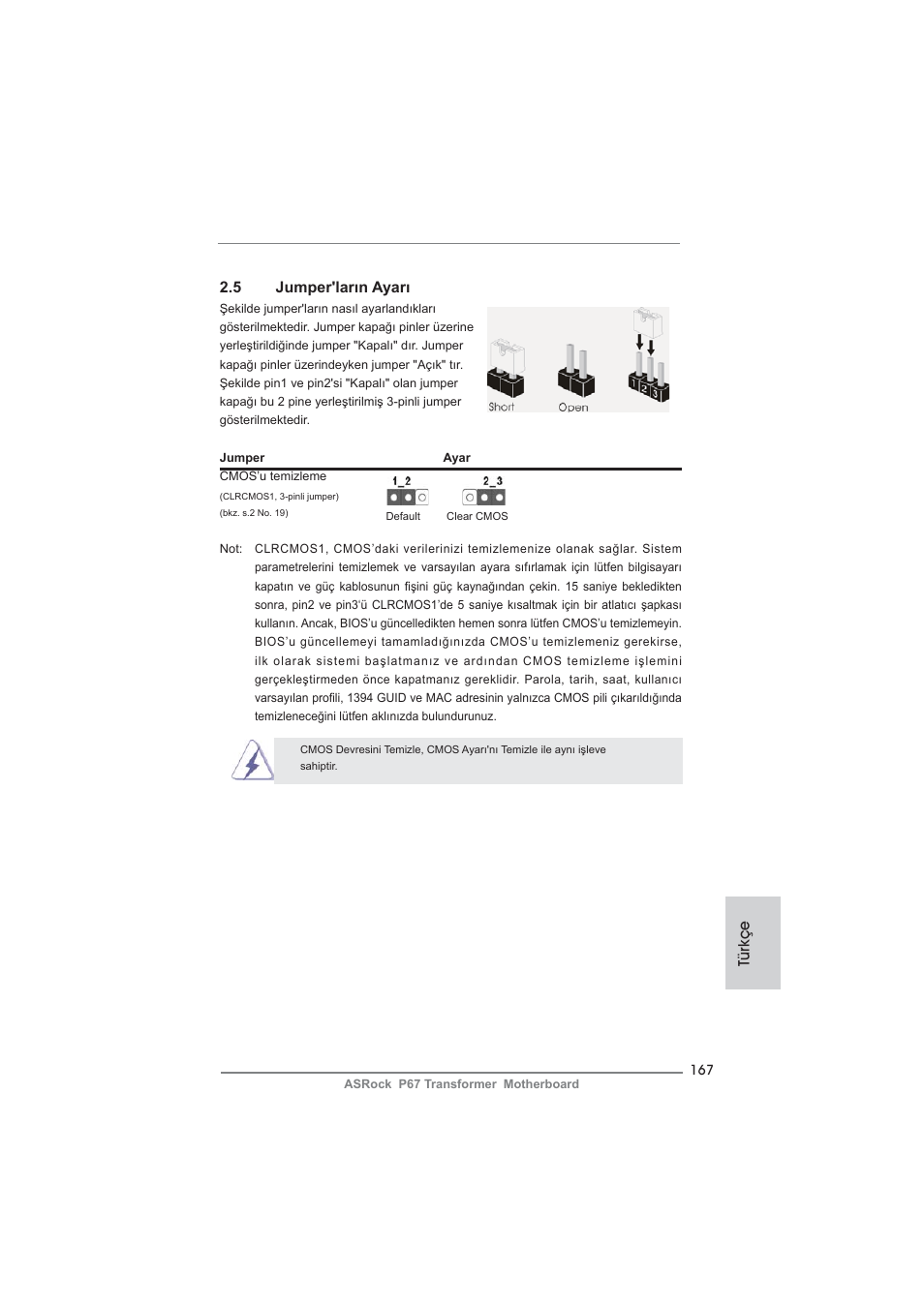 5 jumper'ların ayarı, Türkçe | ASRock P67 Transformer User Manual | Page 167 / 266