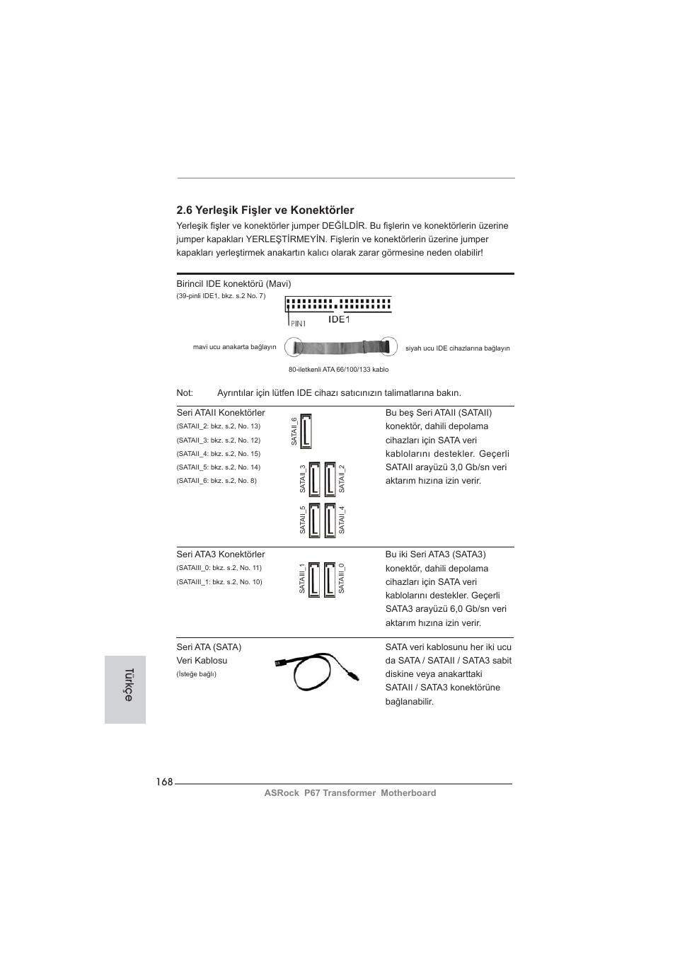 6 yerleşik fişler ve konektörler, Türkçe | ASRock P67 Transformer User Manual | Page 168 / 266