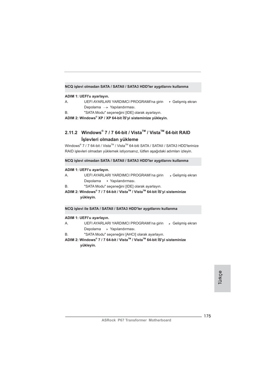 Türkçe 2.11.2 windows, 7 / 7 64-bit / vista, Vista | Bit raid işlevleri olmadan yükleme | ASRock P67 Transformer User Manual | Page 175 / 266