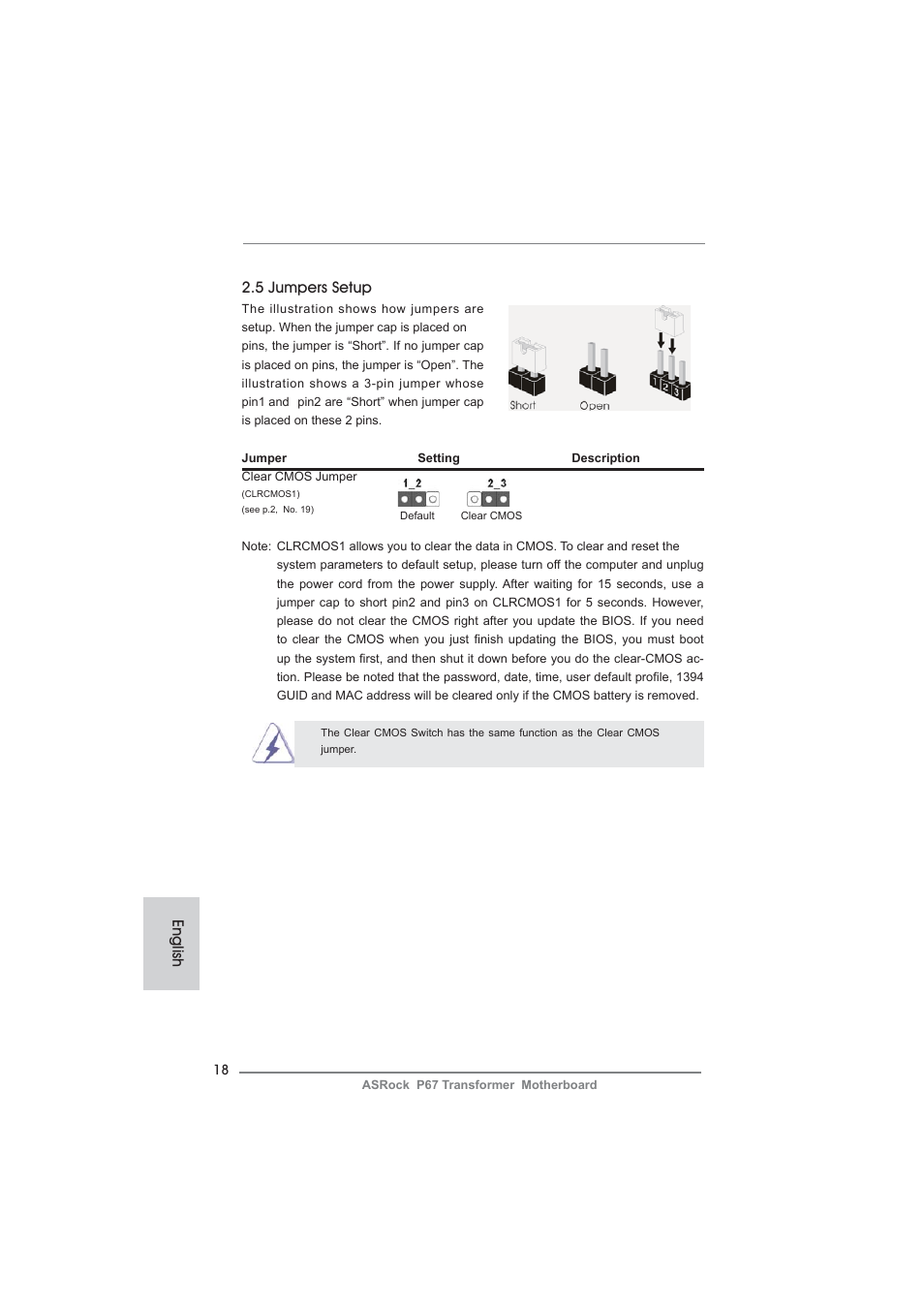 5 jumpers setup, English | ASRock P67 Transformer User Manual | Page 18 / 266