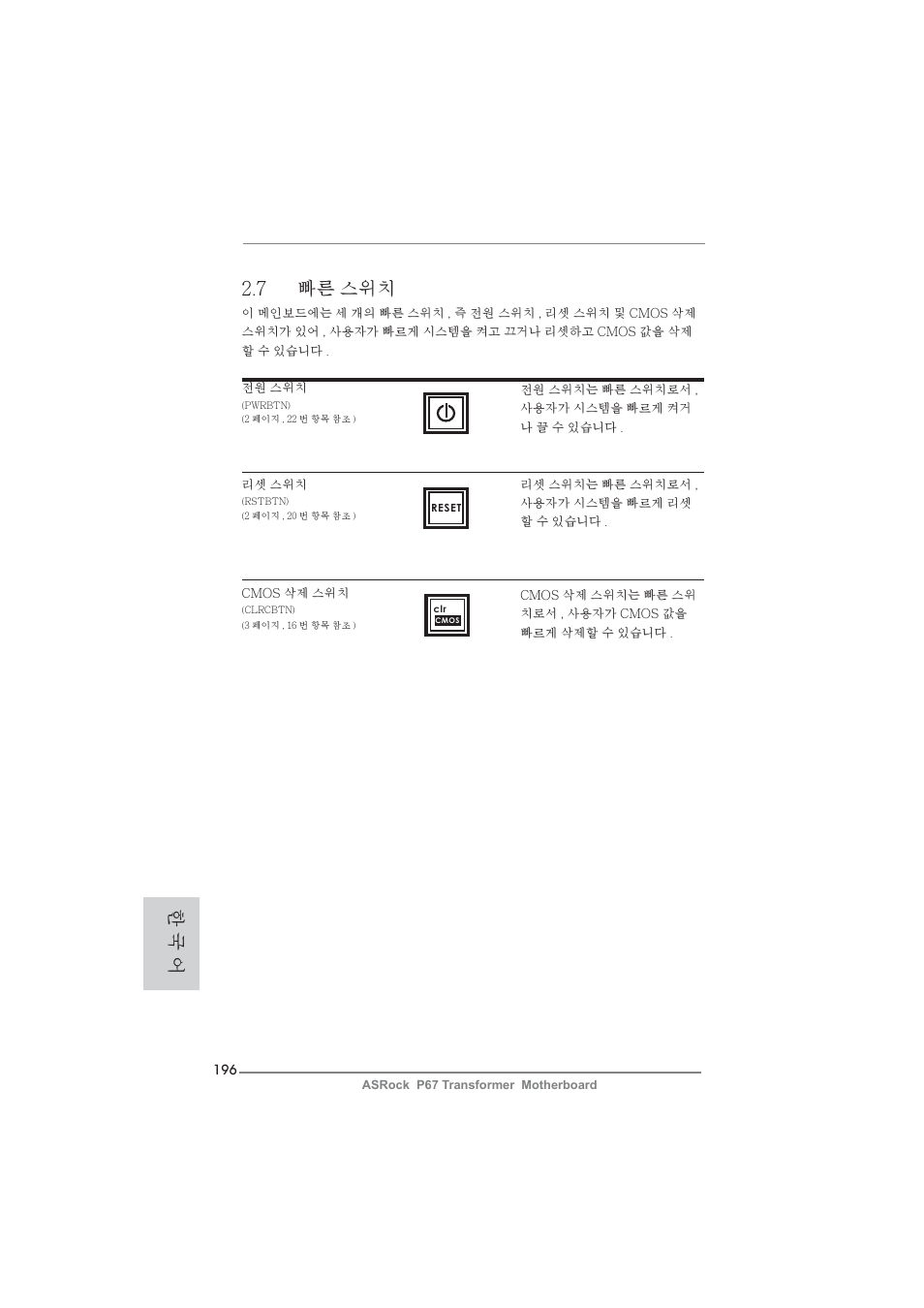 7 빠른 스위치, 한 국 어 | ASRock P67 Transformer User Manual | Page 196 / 266