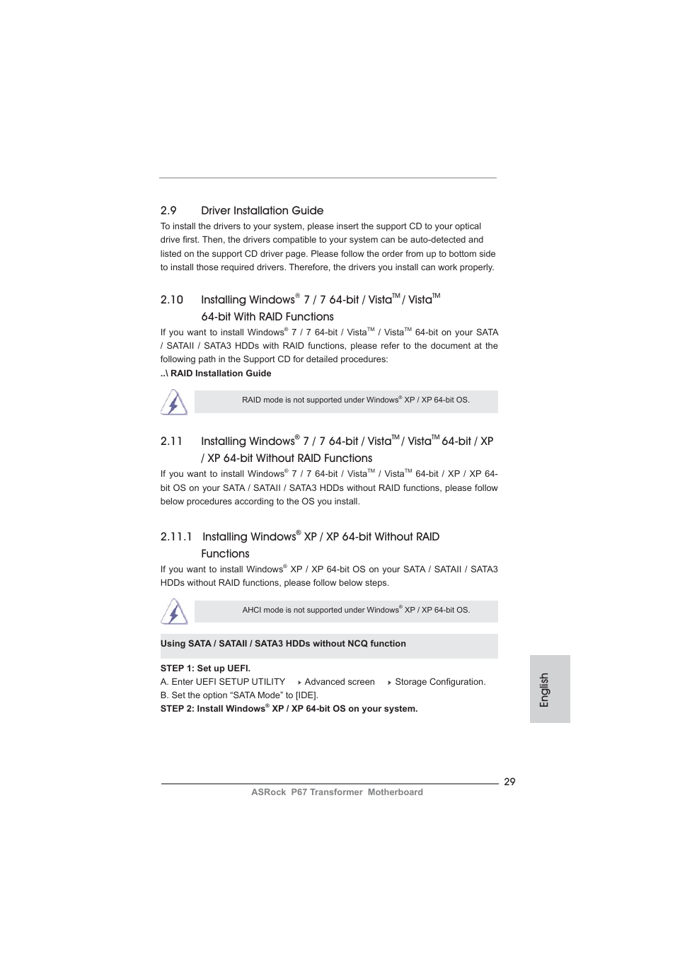 English 2.9 driver installation guide, 10 installing windows, 7 / 7 64-bit / vista | Vista, Bit with raid functions, 11 installing windows, Bit / xp / xp 64-bit without raid functions, 1 installing windows, Xp / xp 64-bit without raid functions | ASRock P67 Transformer User Manual | Page 29 / 266