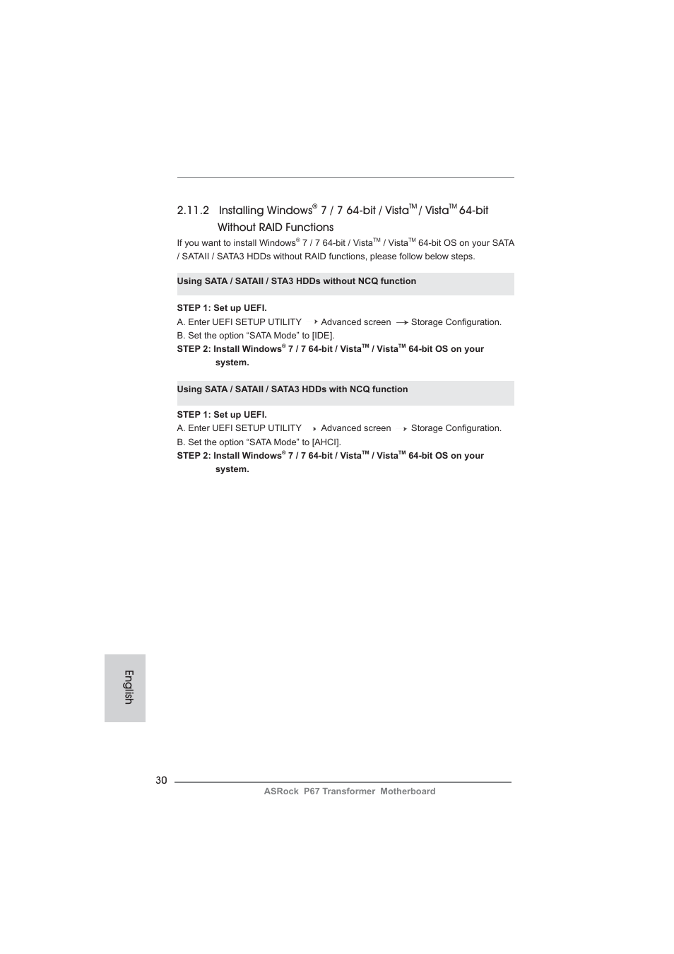 English 2.11.2 installing windows, 7 / 7 64-bit / vista, Vista | Bit without raid functions | ASRock P67 Transformer User Manual | Page 30 / 266