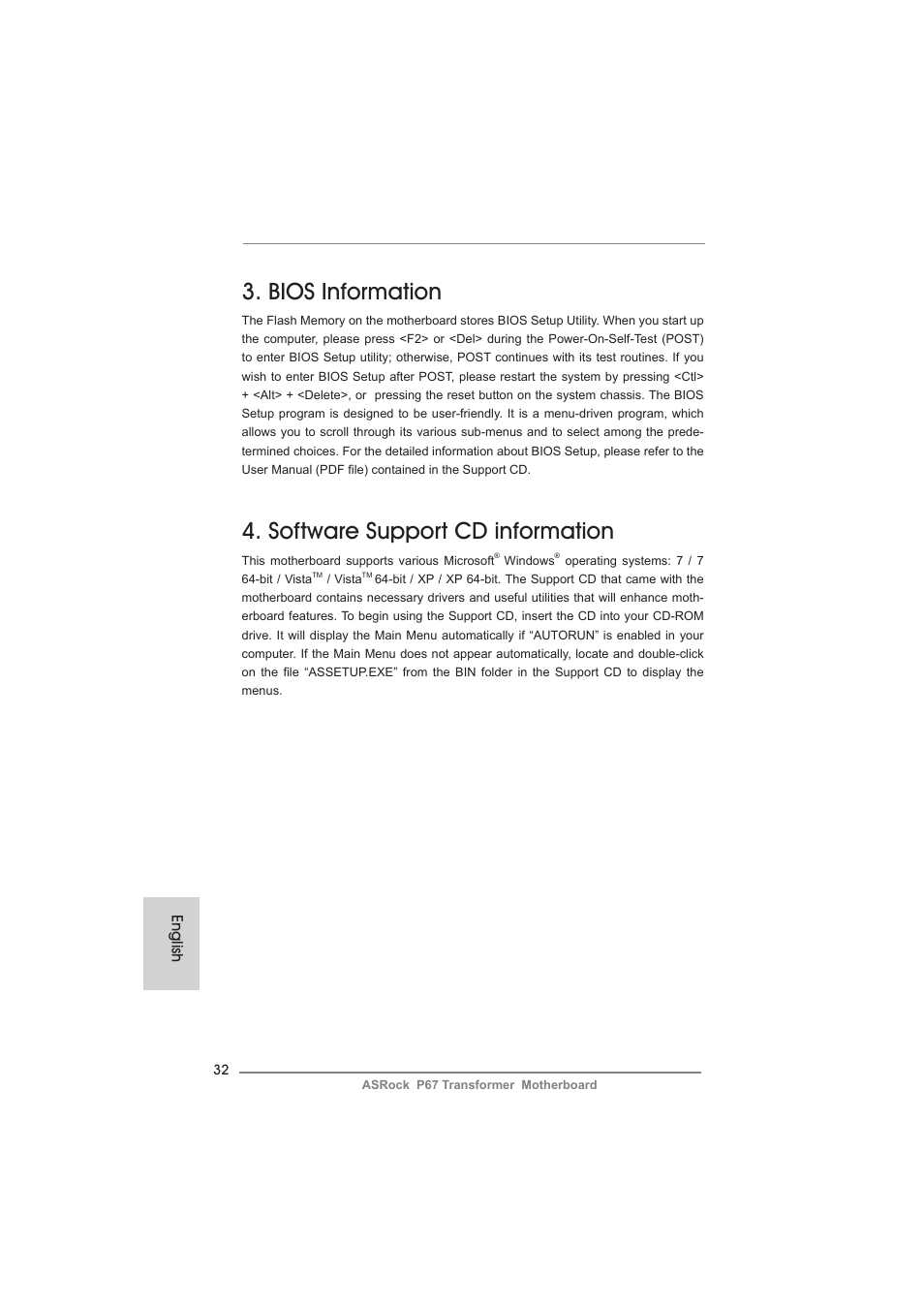 Bios information, Software support cd information, English | ASRock P67 Transformer User Manual | Page 32 / 266