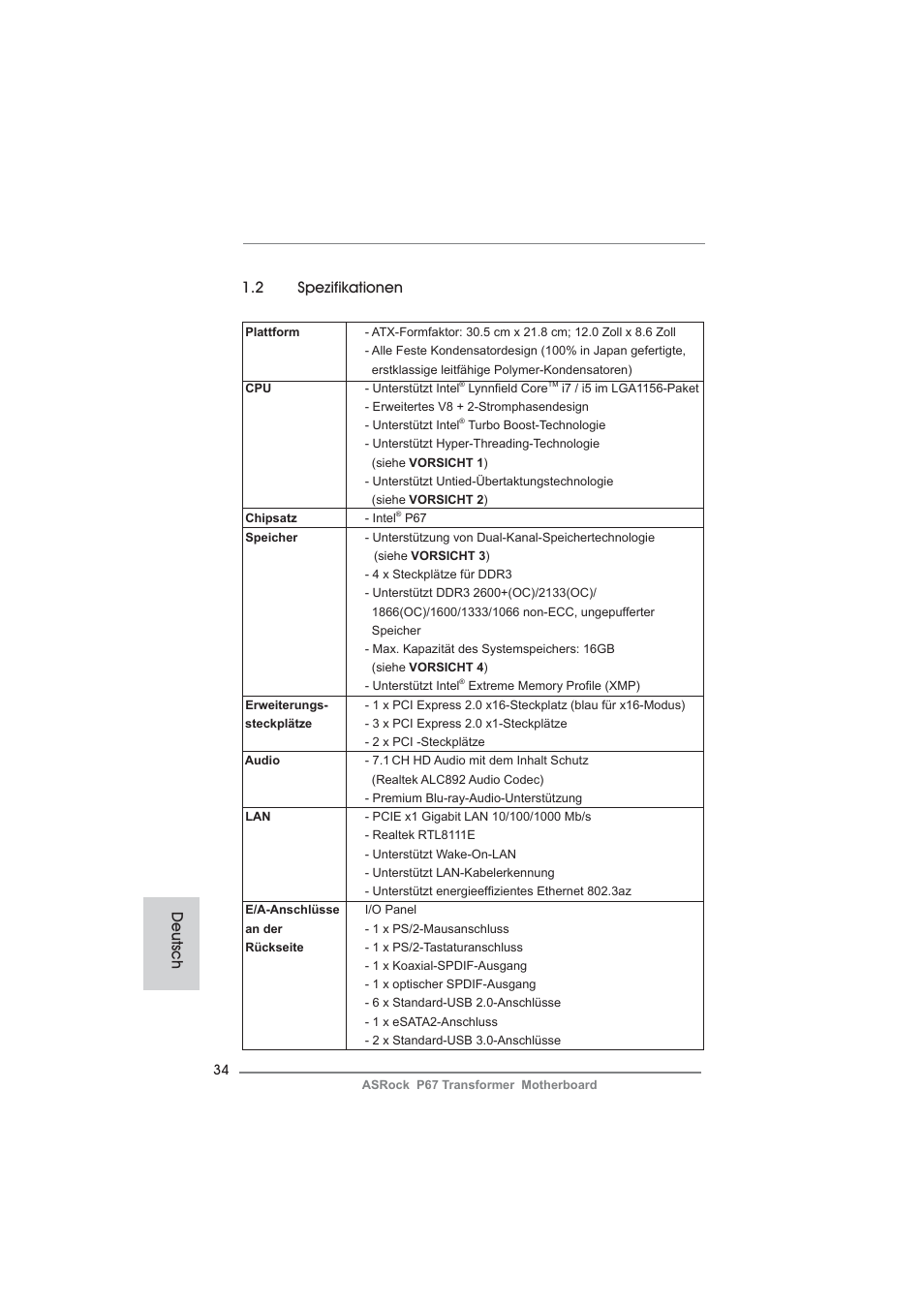 2 spezifikationen, Deutsch | ASRock P67 Transformer User Manual | Page 34 / 266