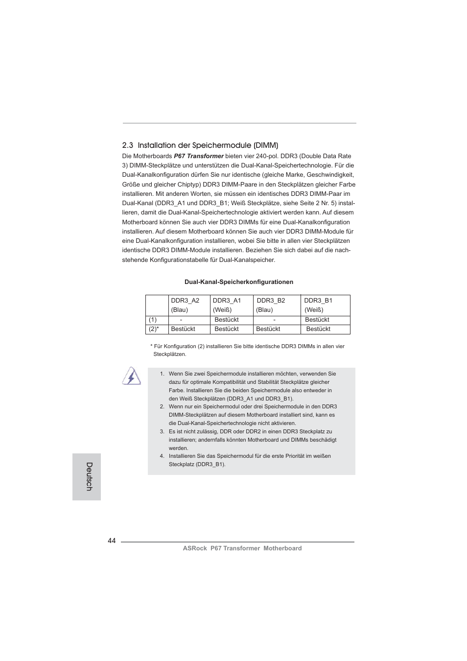 Deutsch 2.3 installation der speichermodule (dimm) | ASRock P67 Transformer User Manual | Page 44 / 266