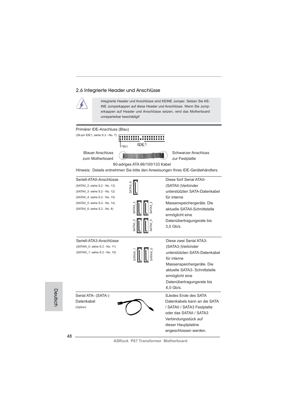 6 integrierte header und anschlüsse, Deutsch | ASRock P67 Transformer User Manual | Page 48 / 266