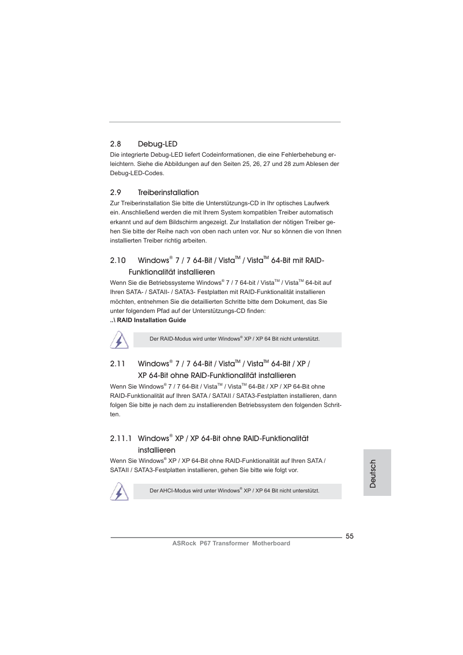 Deutsch 2.9 treiberinstallation, 8 debug-led, 11 windows | 7 / 7 64-bit / vista, Vista, 1 windows, 10 windows, Bit mit raid- funktionalität installieren | ASRock P67 Transformer User Manual | Page 55 / 266