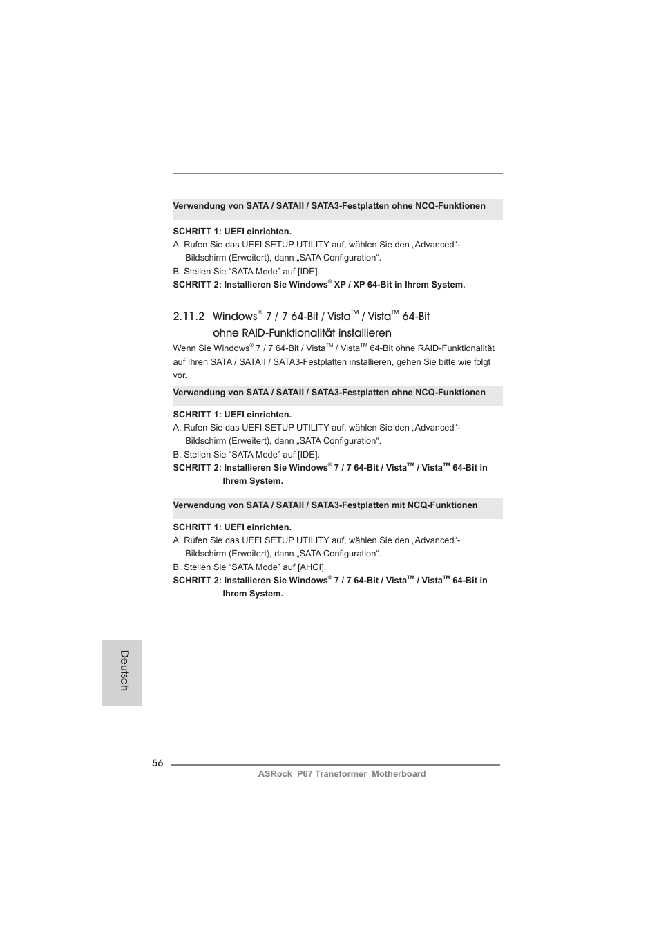 2 windows, 7 / 7 64-bit / vista, Vista | Bit ohne raid-funktionalität installieren, Deutsch | ASRock P67 Transformer User Manual | Page 56 / 266