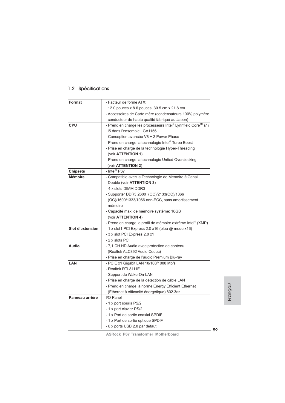 2 spécifications, Français | ASRock P67 Transformer User Manual | Page 59 / 266