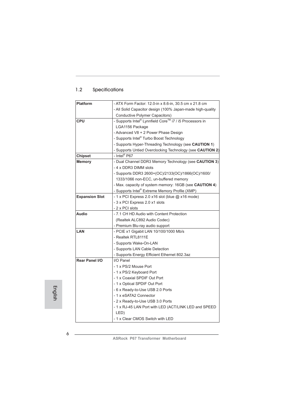 English 1.2 specifications | ASRock P67 Transformer User Manual | Page 6 / 266