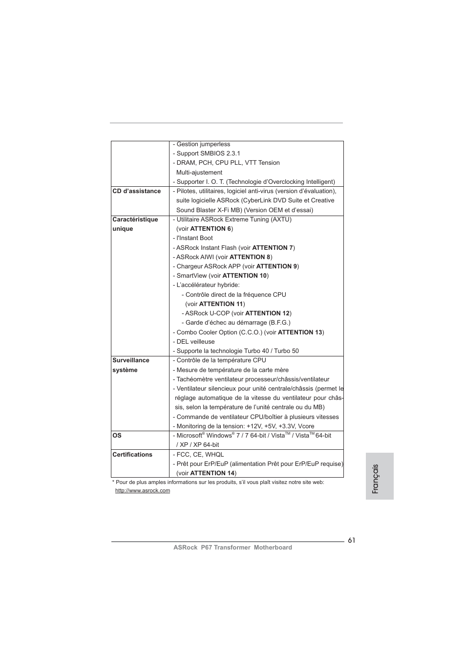 Français | ASRock P67 Transformer User Manual | Page 61 / 266