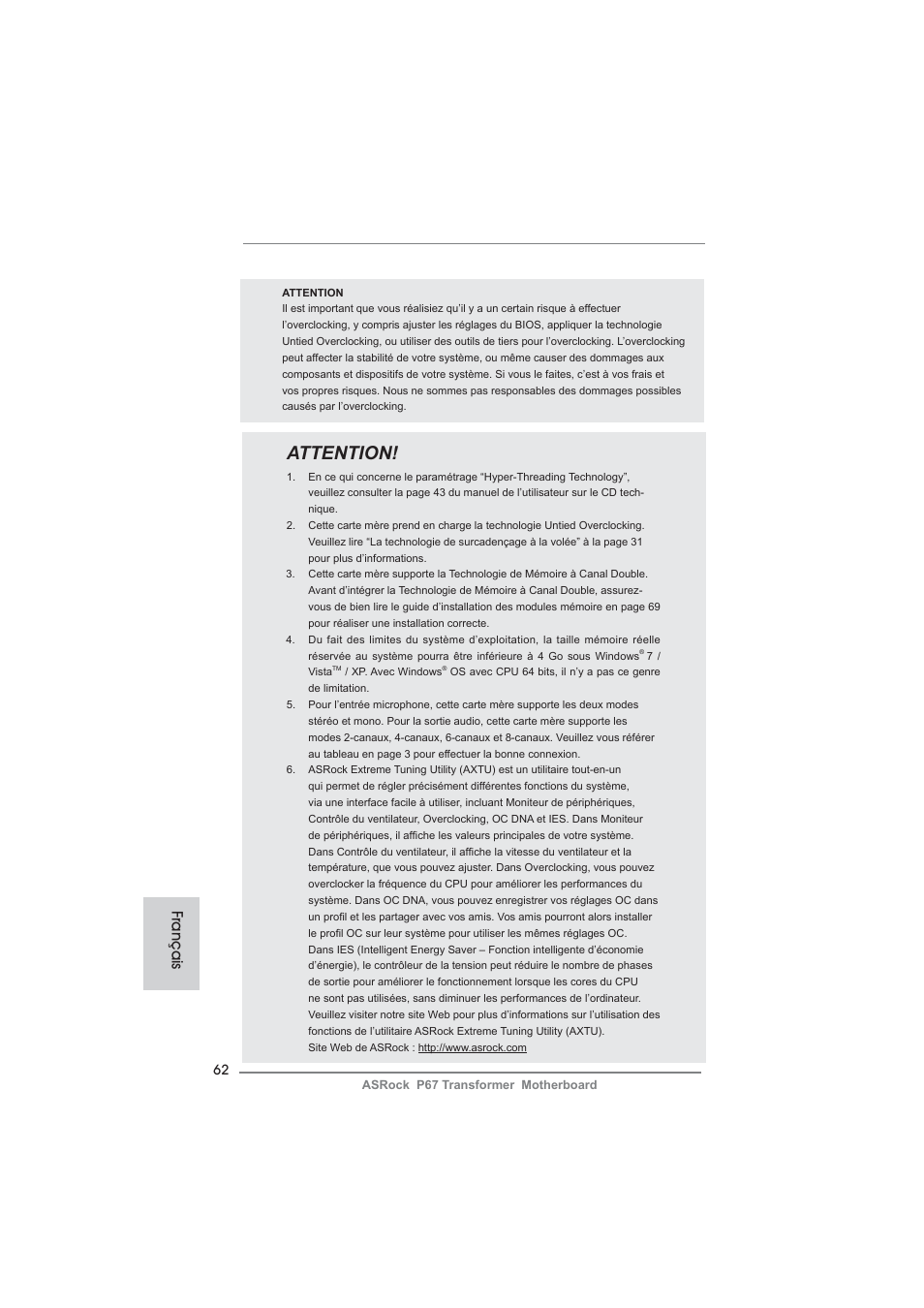 Attention, Français | ASRock P67 Transformer User Manual | Page 62 / 266
