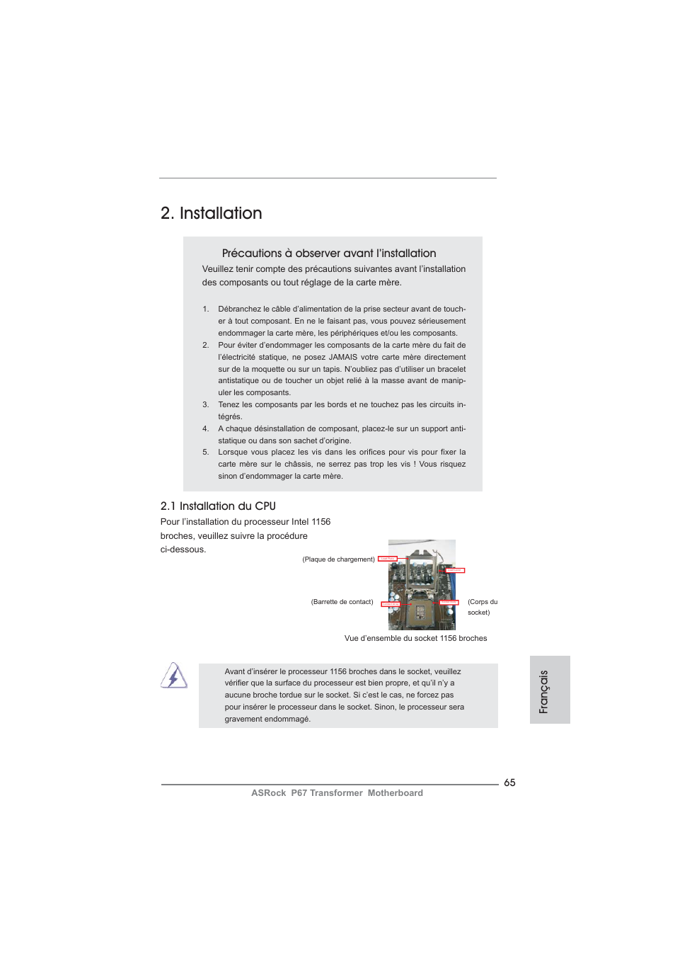 Installation, Français, Précautions à observer avant l’installation | 1 installation du cpu | ASRock P67 Transformer User Manual | Page 65 / 266