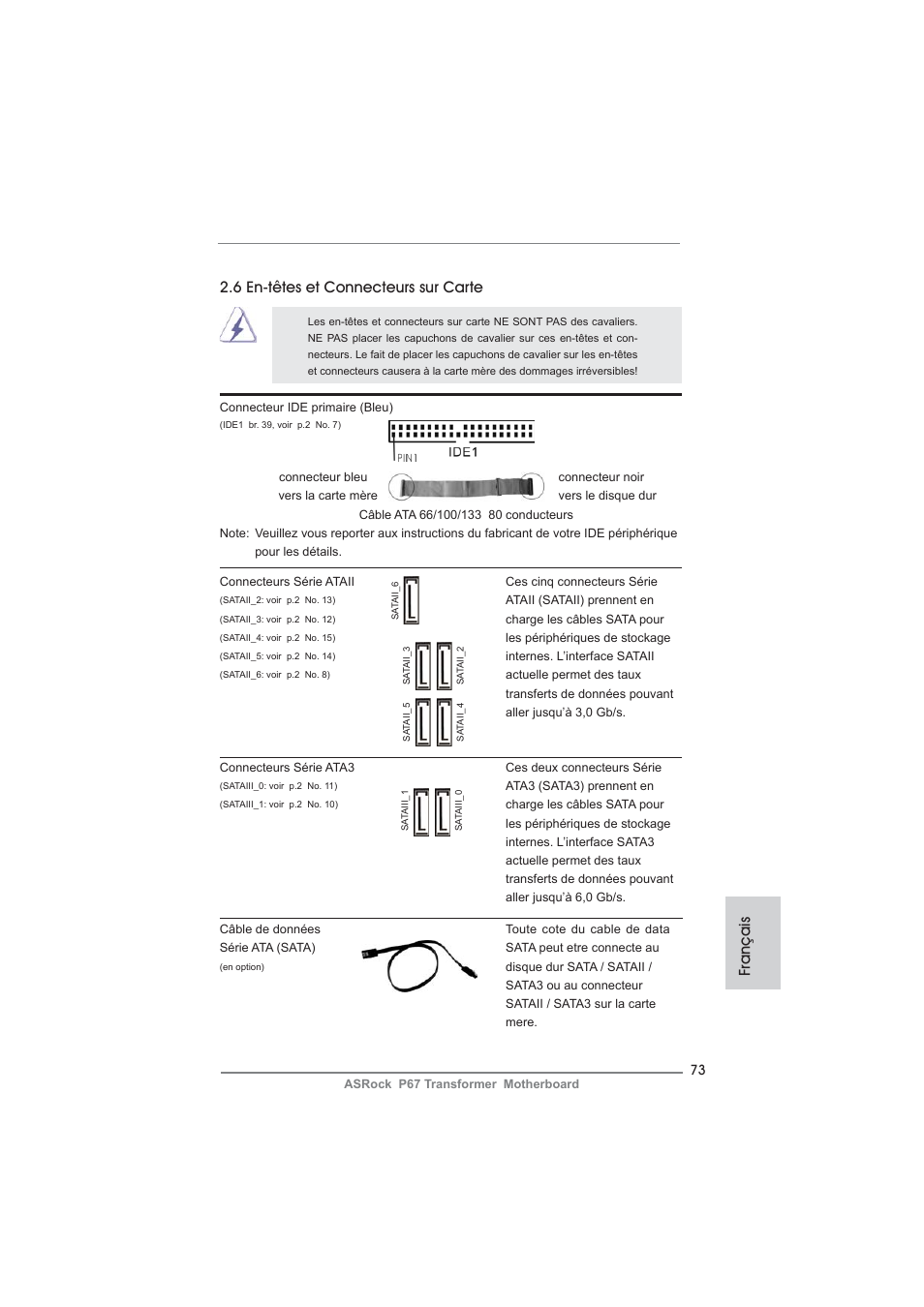 6 en-têtes et connecteurs sur carte, Français | ASRock P67 Transformer User Manual | Page 73 / 266