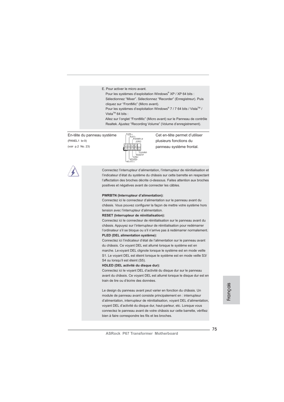 Français | ASRock P67 Transformer User Manual | Page 75 / 266