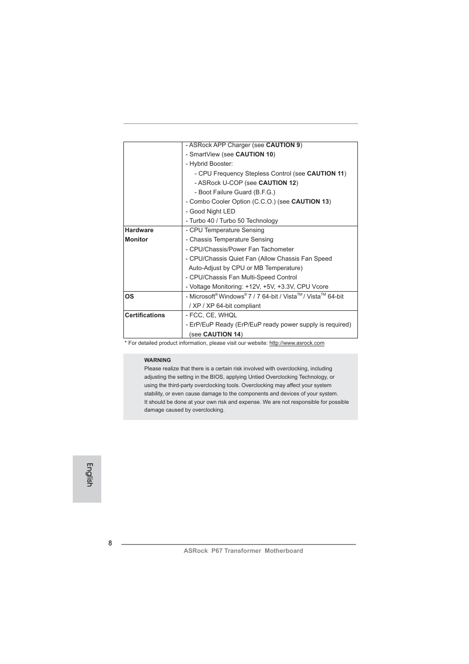 English | ASRock P67 Transformer User Manual | Page 8 / 266