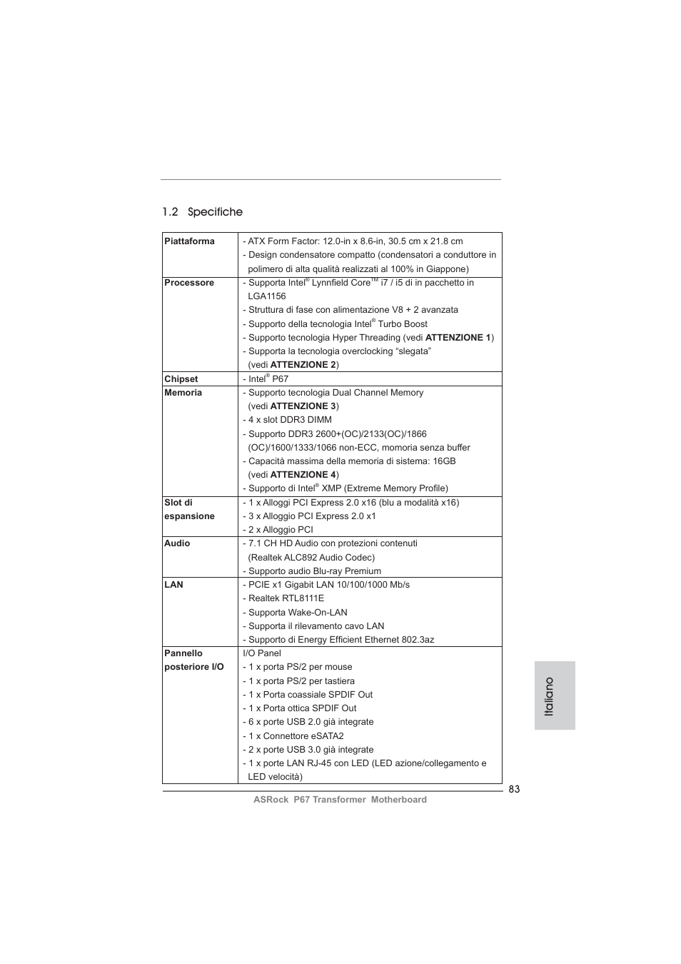 Italiano 1.2 specifiche | ASRock P67 Transformer User Manual | Page 83 / 266