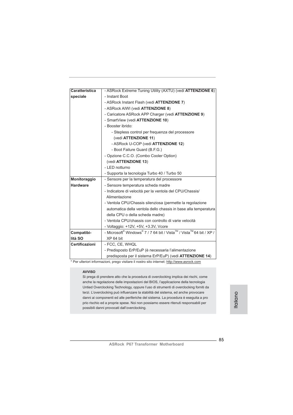 Italiano | ASRock P67 Transformer User Manual | Page 85 / 266