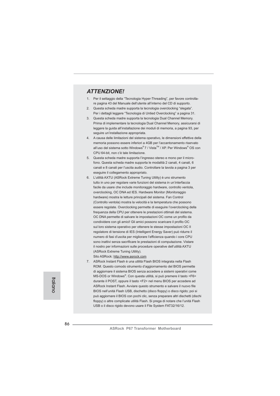 Attenzione, Italiano | ASRock P67 Transformer User Manual | Page 86 / 266